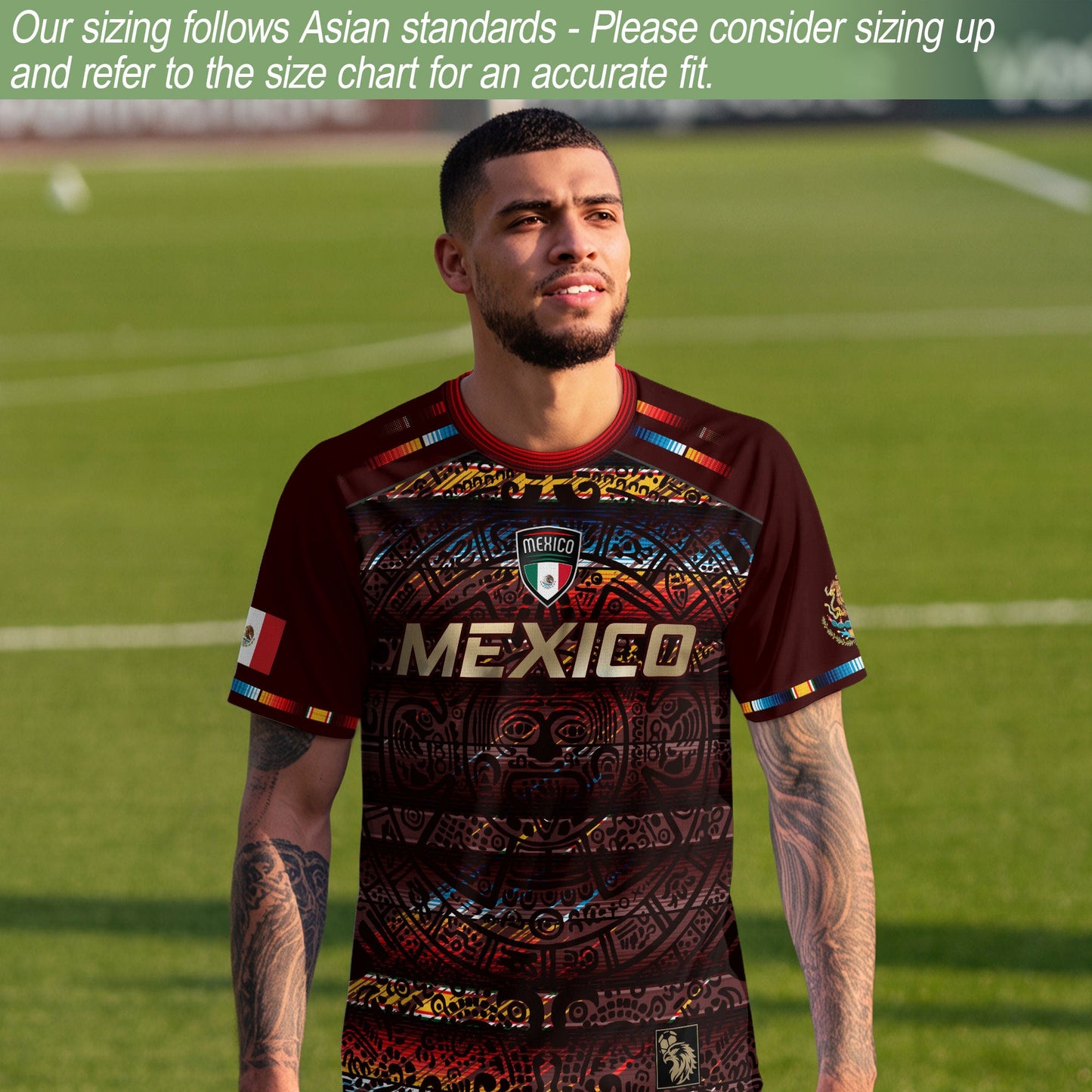 Mexico Soccer Jersey Red Multitone Aztec Calendar & Eagle Crest