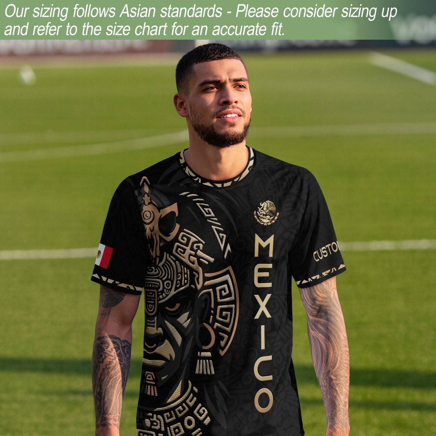 Custom Mexico Soccer Jersey Black Gold Aztec Warrior Face Design