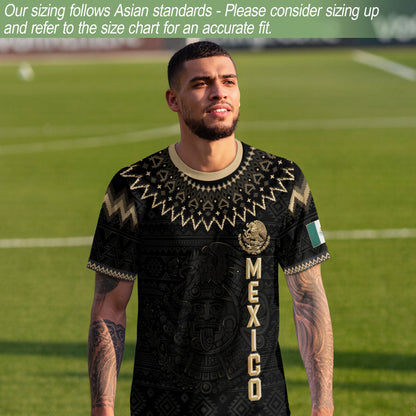 Mexico Heritage Soccer Jersey, Black Gold Aztec Pattern Design Jersey For Men