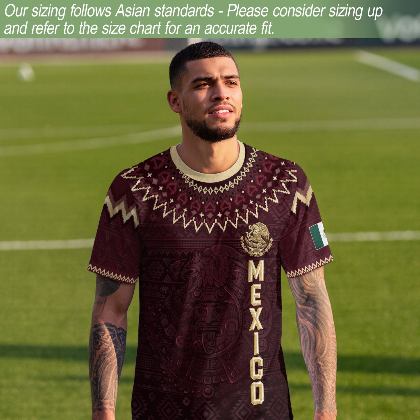 Mexico Heritage Soccer Jersey, Maroon Burgundy Gold Aztec Eagle Design Sports Jersey for Men