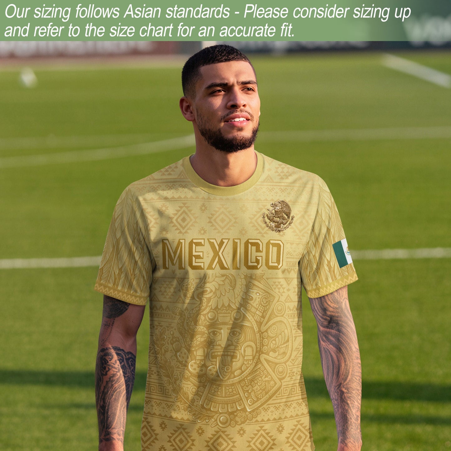 Mexico Heritage Soccer Jersey, Yellow Gold Aztec Calendar Design Sports Jersey for Men