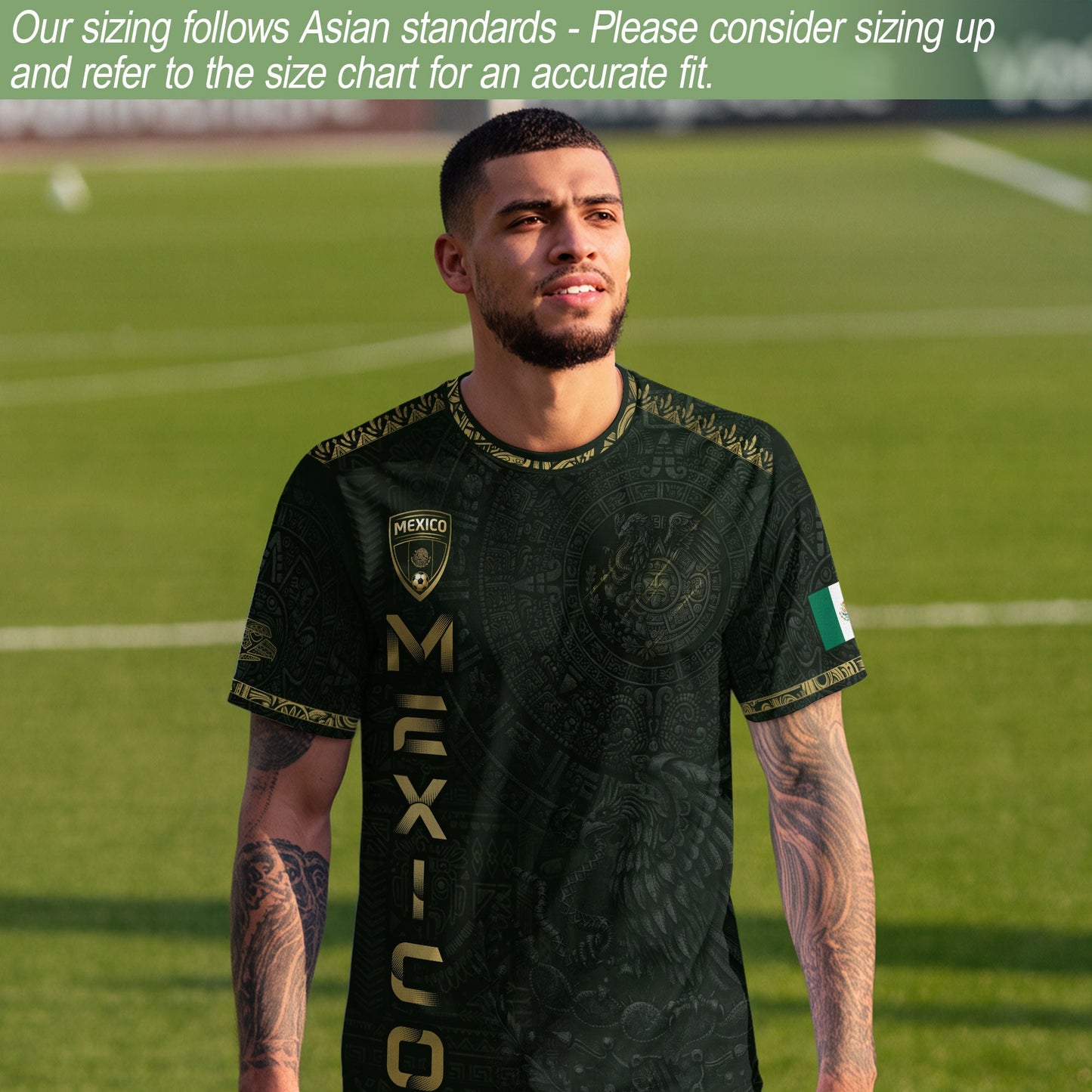 Mexico Dark Green Gold Aztec Calendar Sun God Heritage National Soccer Jersey