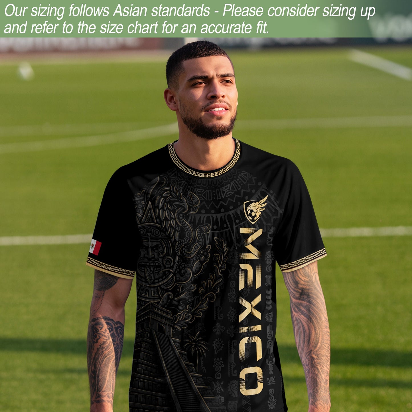 Mexico Black Gold Aztec Pyramid Heritage Mens Football Soccer Jersey