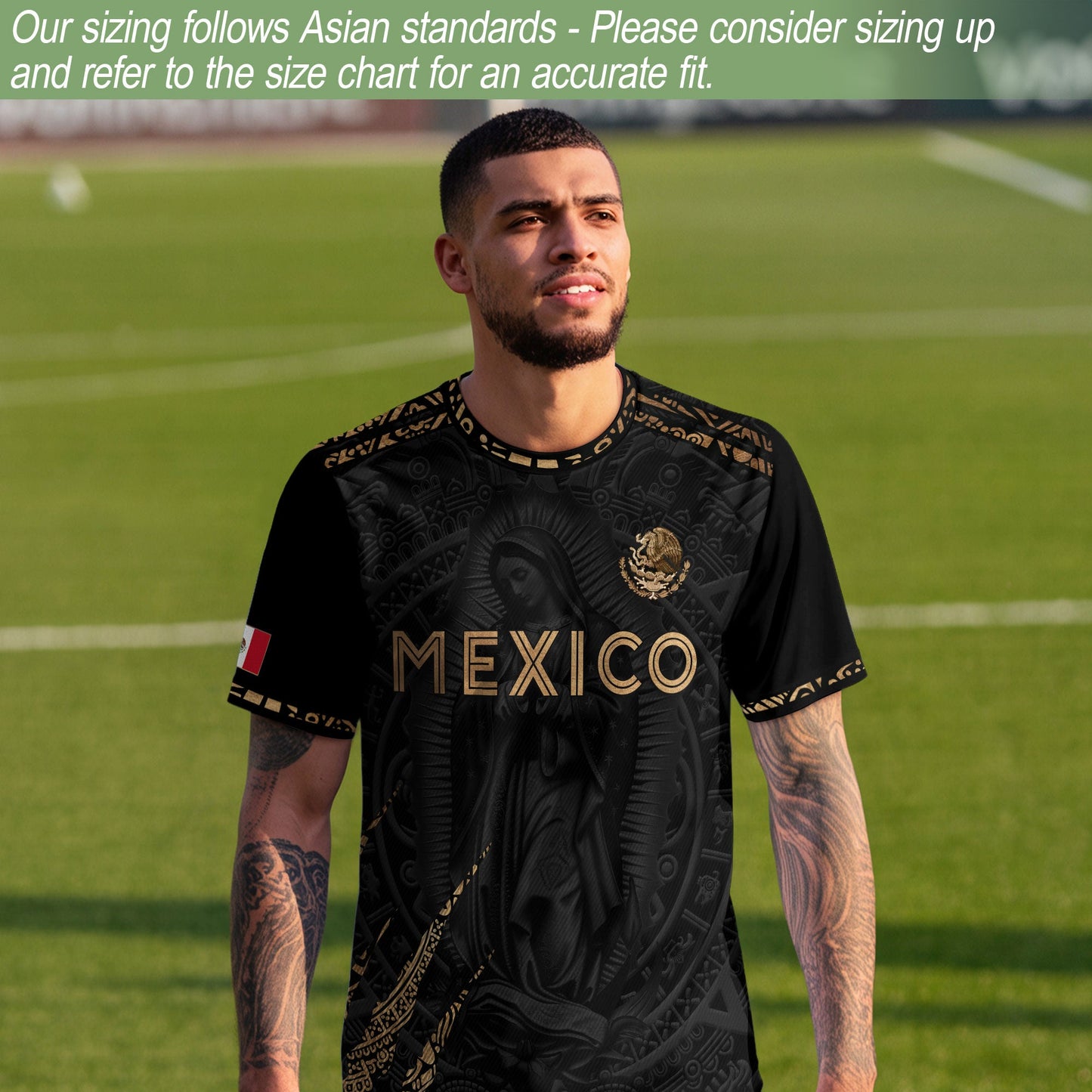 Mexico Heritage Orgullo Mexicano Black Gold Virgin Mary Guadalupe Catholic Soccer Jersey