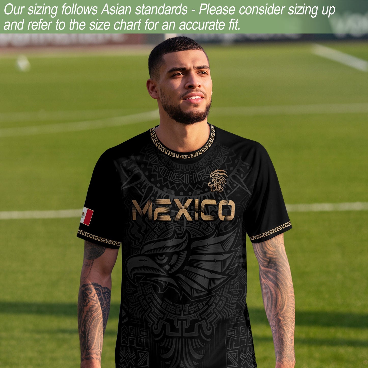 Mexico Heritage Orgullo Mexicano Black Gold Eagle Aztec Calendar Soccer Jersey