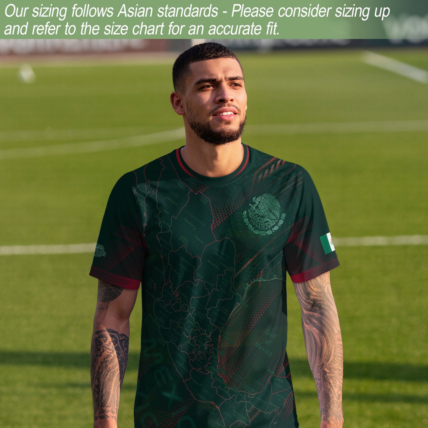 Mexico Heritage Orgullo Mexicano Green Red Detailed Country Map Aztec Soccer Jersey