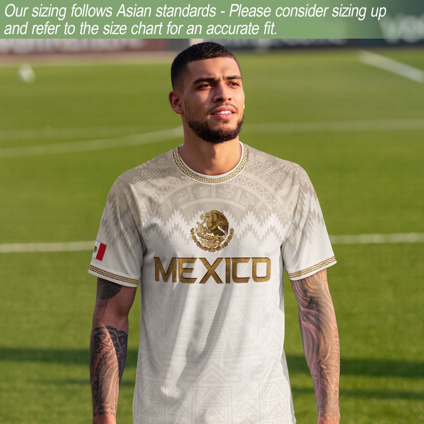 Mexico Heritage Orgullo Mexicano Beige Gold Aztec Pyramid Sun Stone Soccer Jersey