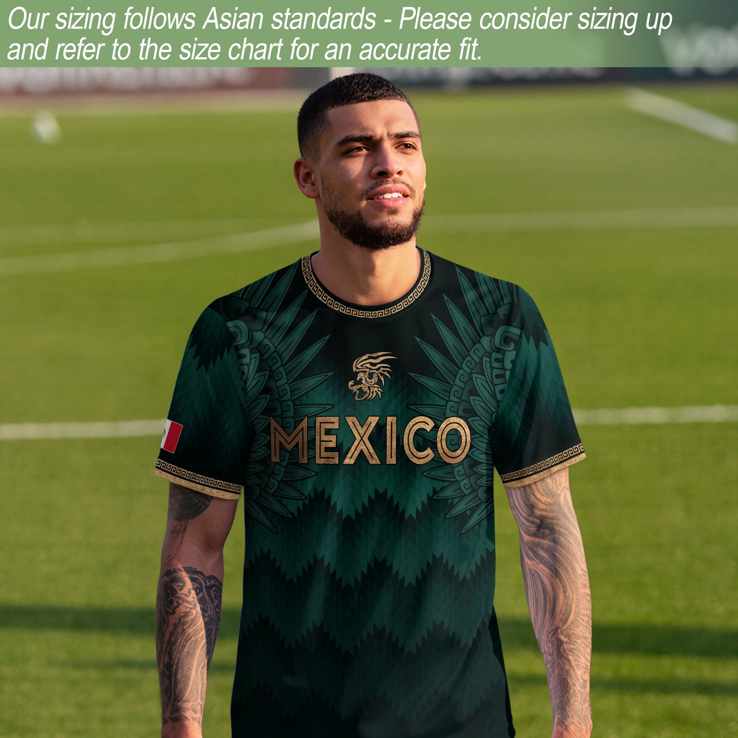 Mexico Coat of Arms Green Gold Aztec Ziczac Pattern Wing Graphic Heritage Soccer Jersey