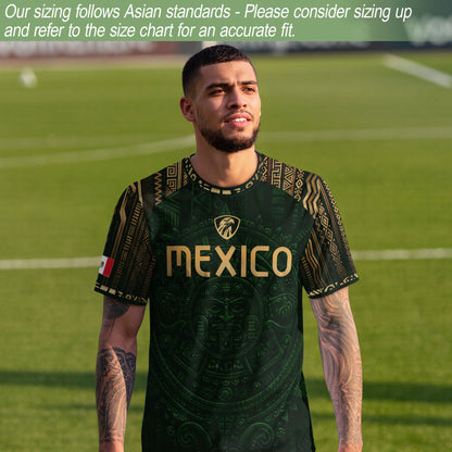 Mexico Heritage Orgullo Mexicano Green Gold Aztec Calendar Sun Stone Soccer Jersey