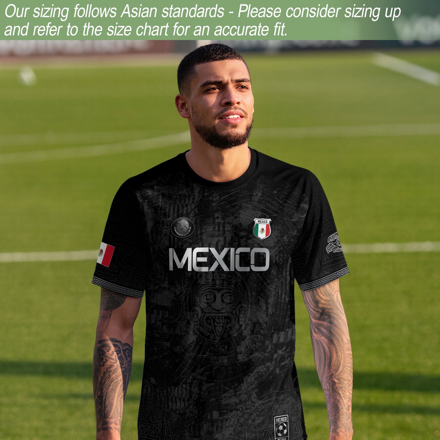 Mexico Heritage Black Silver Distressed Style Aztec Empire Pride Graphic Soccer Jersey
