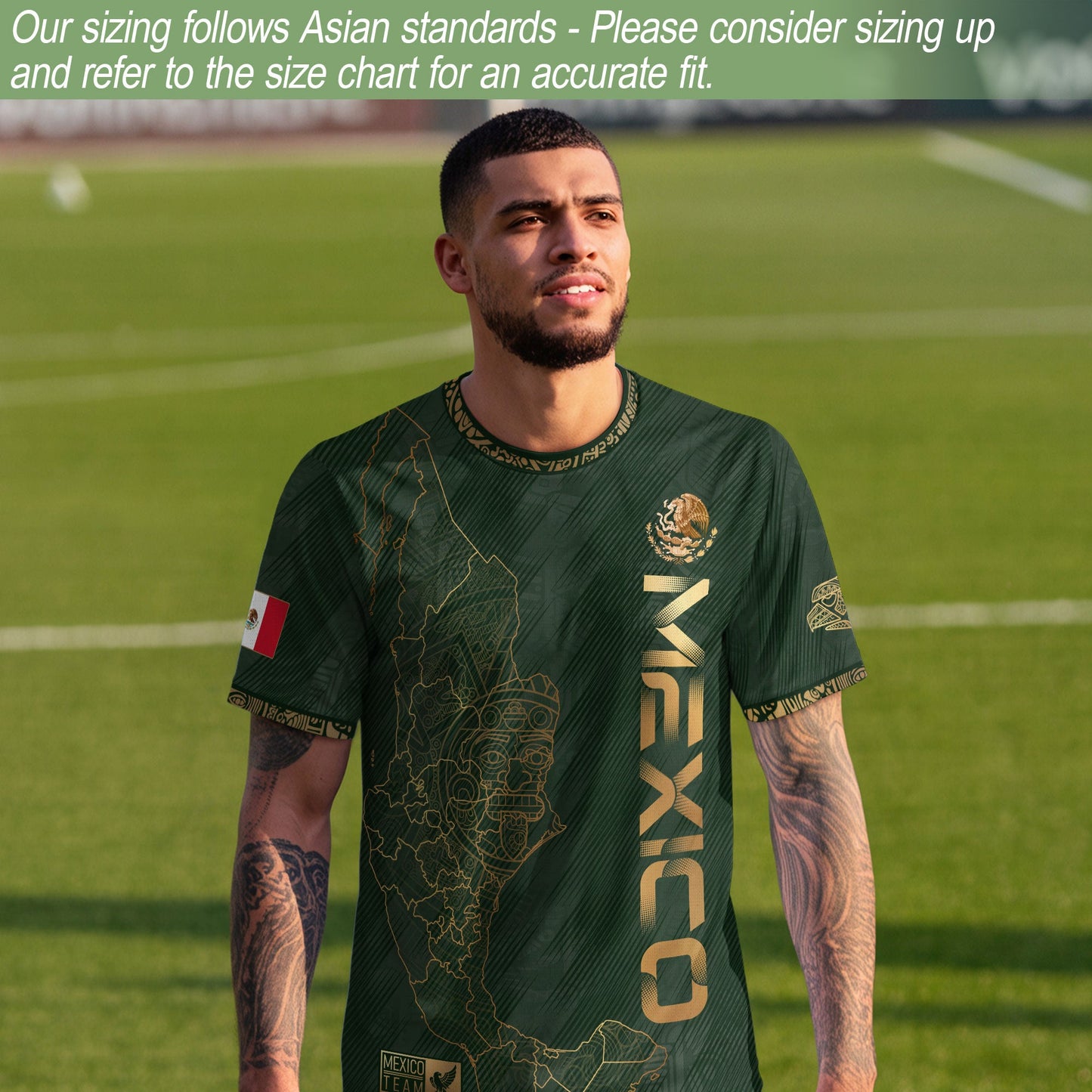 Mexico Heritage Orgullo Mexicano Green Gold Country Map Aztec Calendar Soccer Jersey