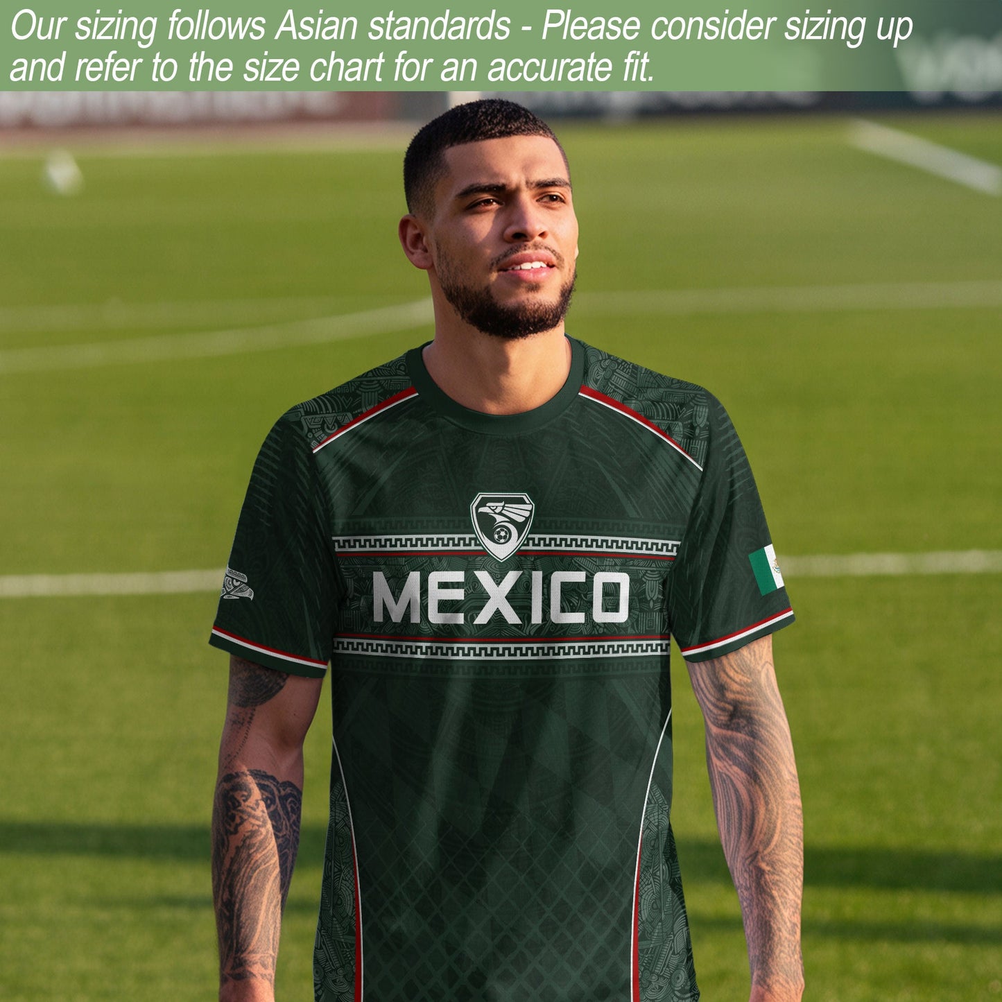 Mexico Soccer Green White Aztec Pattern Football Design - Mexico Fan Heritage Style Shirt