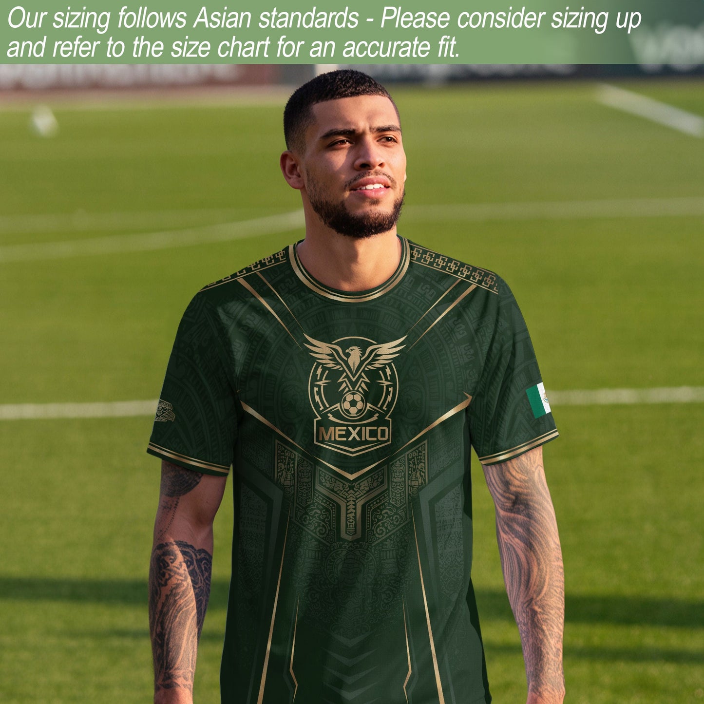 Mexico Soccer Jersey Men Aztec Warrior Green Gold Football Shirt Fan Edition Tee