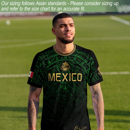 Mexico Soccer Jersey Green Black Aztec Sun Stone - Mexico Fan Heritage Style Shirt