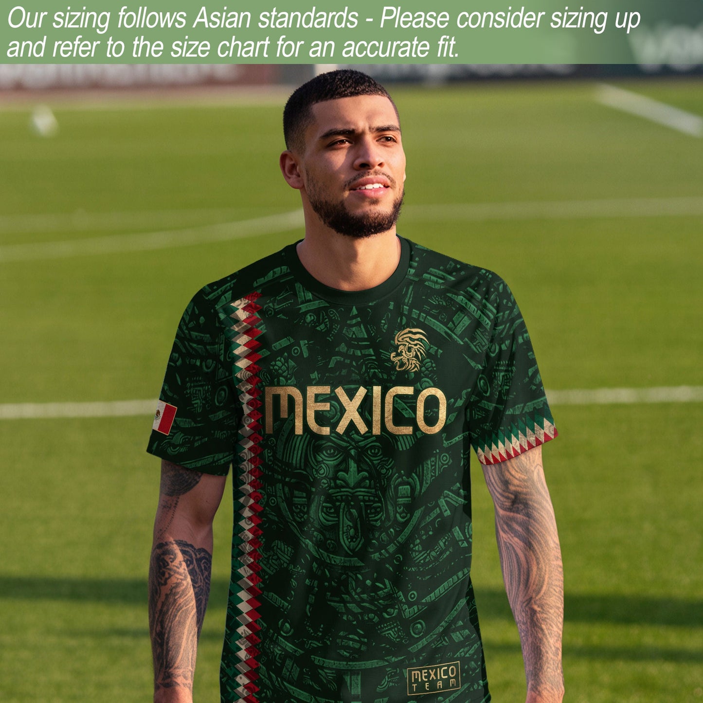 Mexico Soccer Jersey Green Gold Aztec Sun Stone - Mexico National Team Fan Heritage Shirt