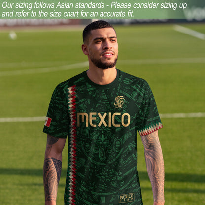 Mexico Soccer Jersey Green Gold Aztec Sun Stone - Mexico National Team Fan Heritage Shirt