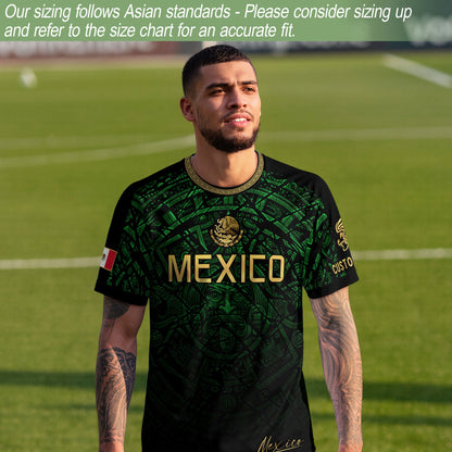 Custom Mexico Soccer Jersey – Green Aztec Calendar Pattern Black Football Shirt