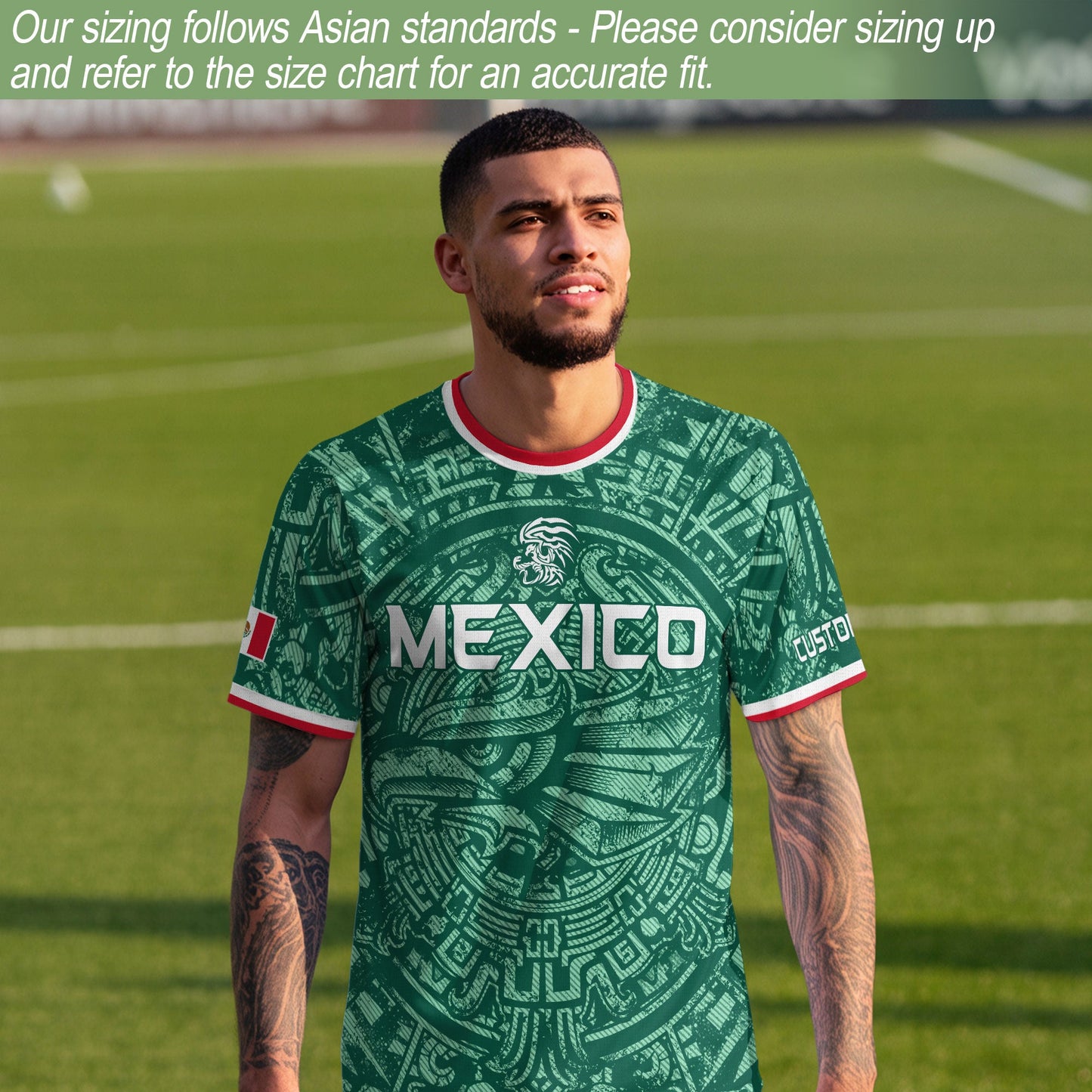 Mexico Soccer Jersey Custom Name - Green Aztec Calendar & Eagle Heritage Football Shirt