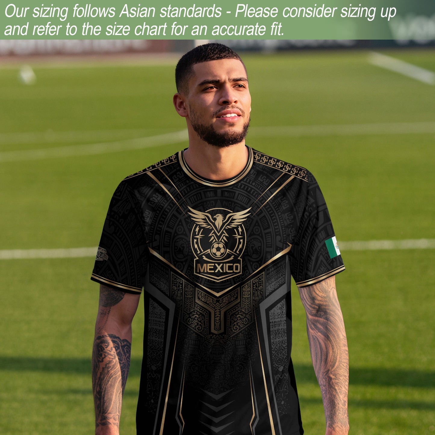 Mexico Soccer Jersey - Black & Gold Aztec Sun Stone Tribal Football Shirt