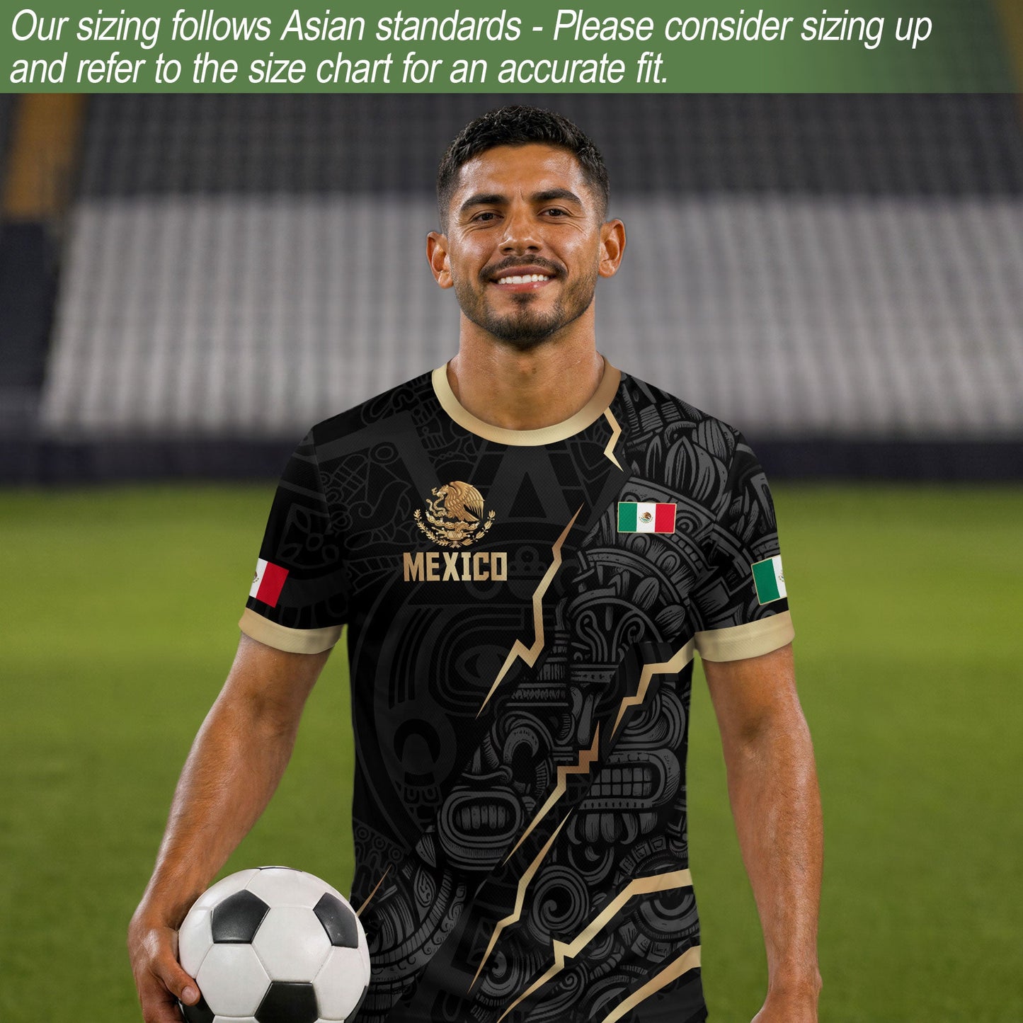 Black Mexico Soccer Jersey Aztec Calendar Design Gold Eagle Heritage Football Shirt
