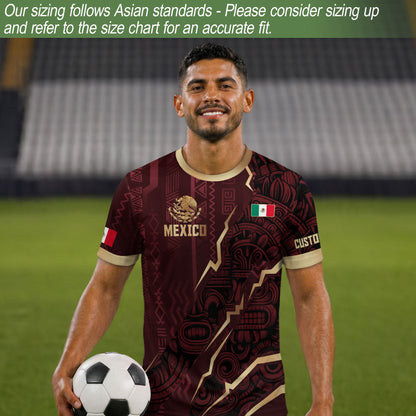 Custom Mexican Heritage Jersey Maroon Aztec Design Mexico Eagle Soccer Shirt Men Women