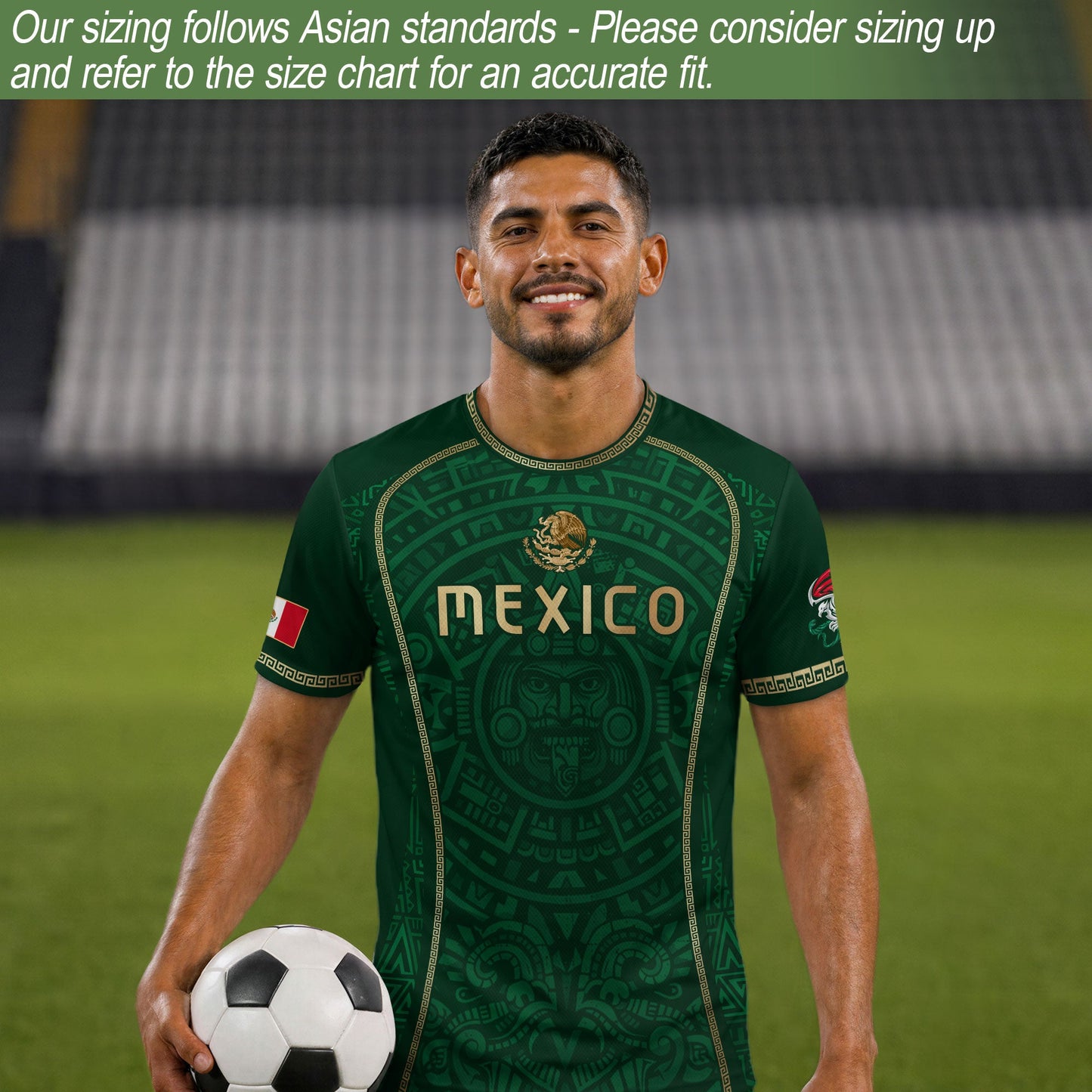Green Mexico Soccer Jersey Aztec Sun Calendar Mexican Football Shirt for Fans