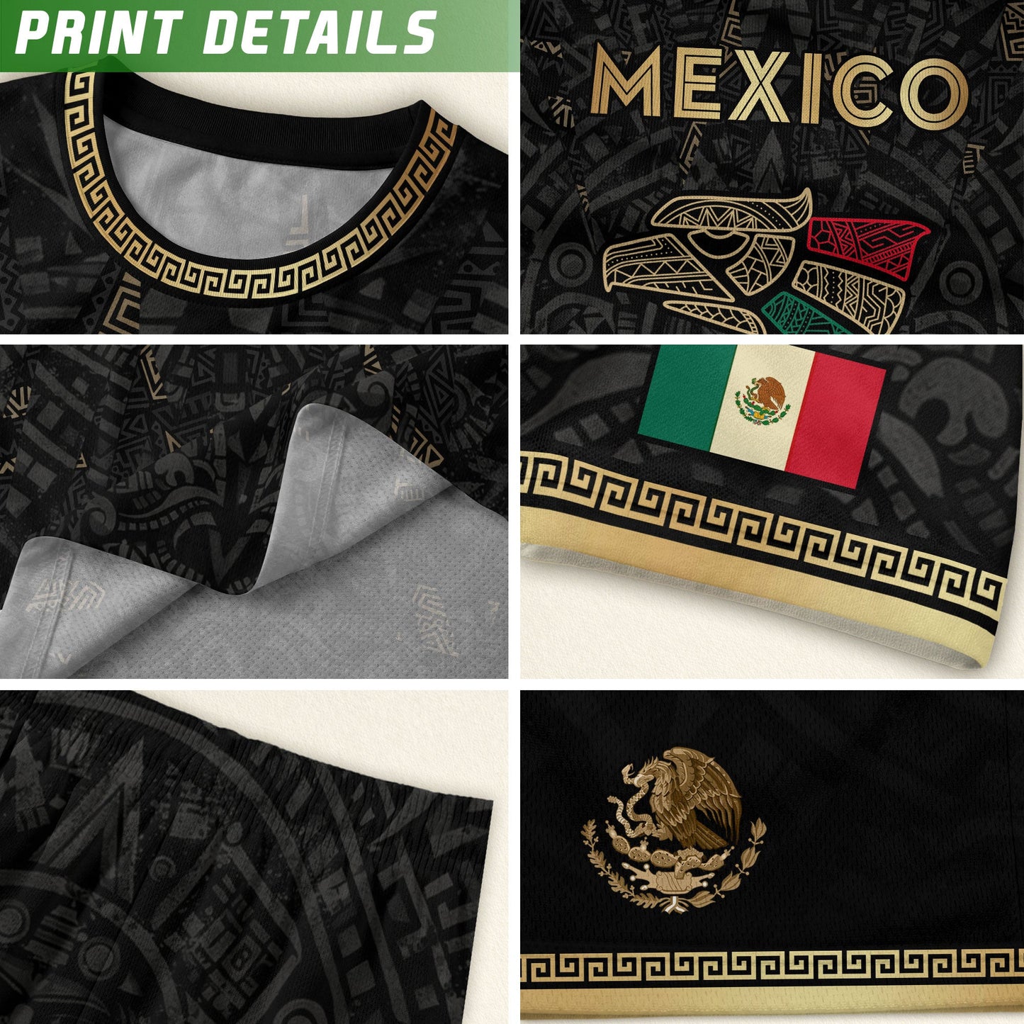 Mexico Kids Soccer Jersey Black Aztec Calendar Tricolor Gold Youth Football Shirt