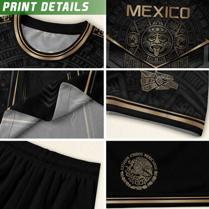 Mexico Youth Soccer Jersey Set Aztec Graphic Kids Football Uniform Black Gold Sportswear