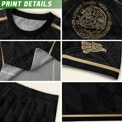 Aztec Inspired Black Gold Football Shirt for Youth, Mexico Soccer Jersey Retro Style Wear