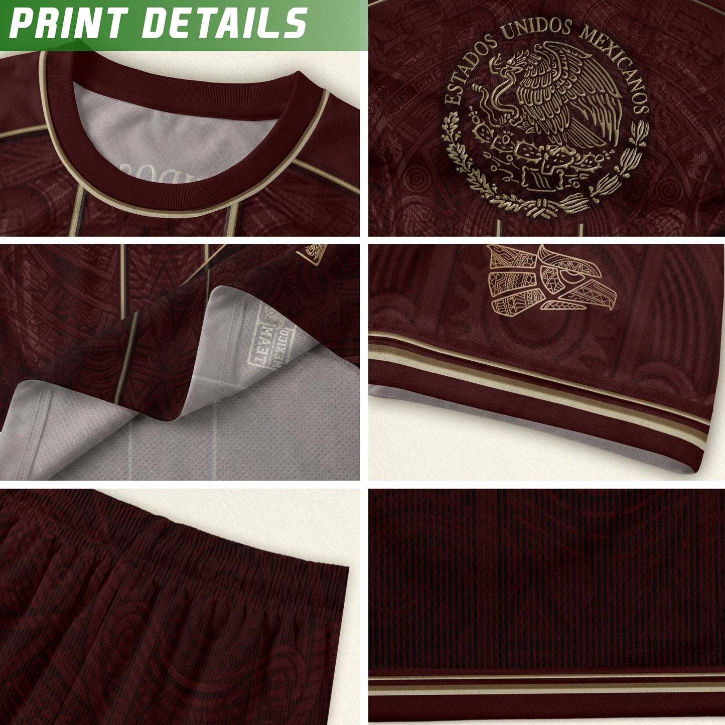 Mexico Football Fan Shirt with Maroon Gold Heritage Aztec Design, Retro Soccer Jersey Youth