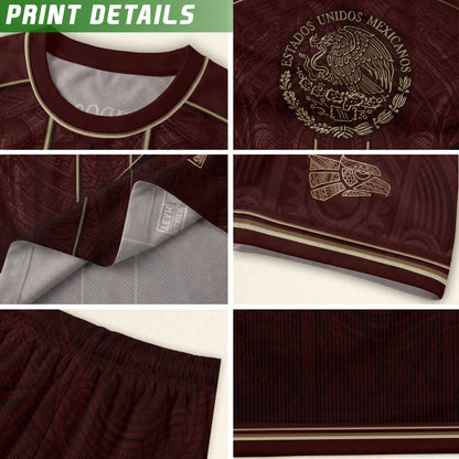 Mexico Football Fan Shirt with Maroon Gold Heritage Aztec Design, Retro Soccer Jersey Youth