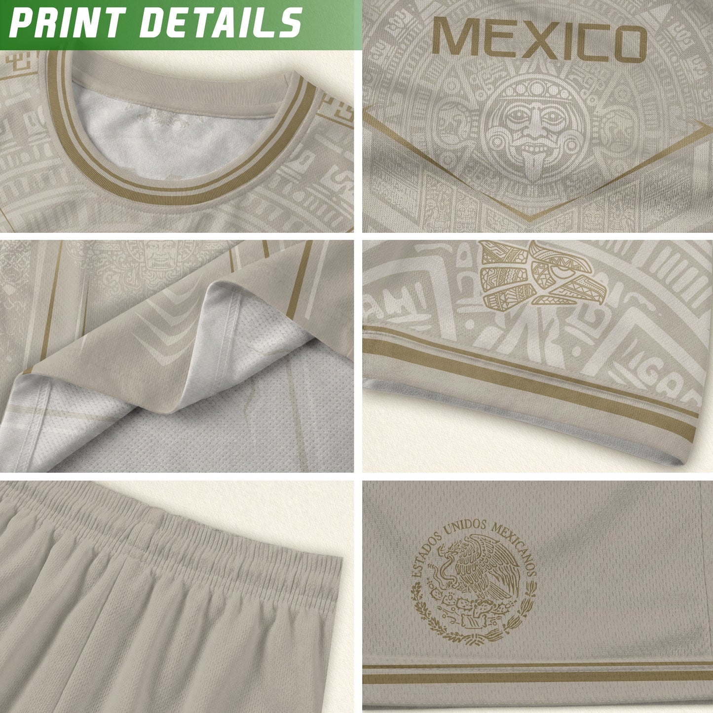 Mexico Soccer Jersey Youth White Gold Aztec Football Shirt Heritage Fan Apparel