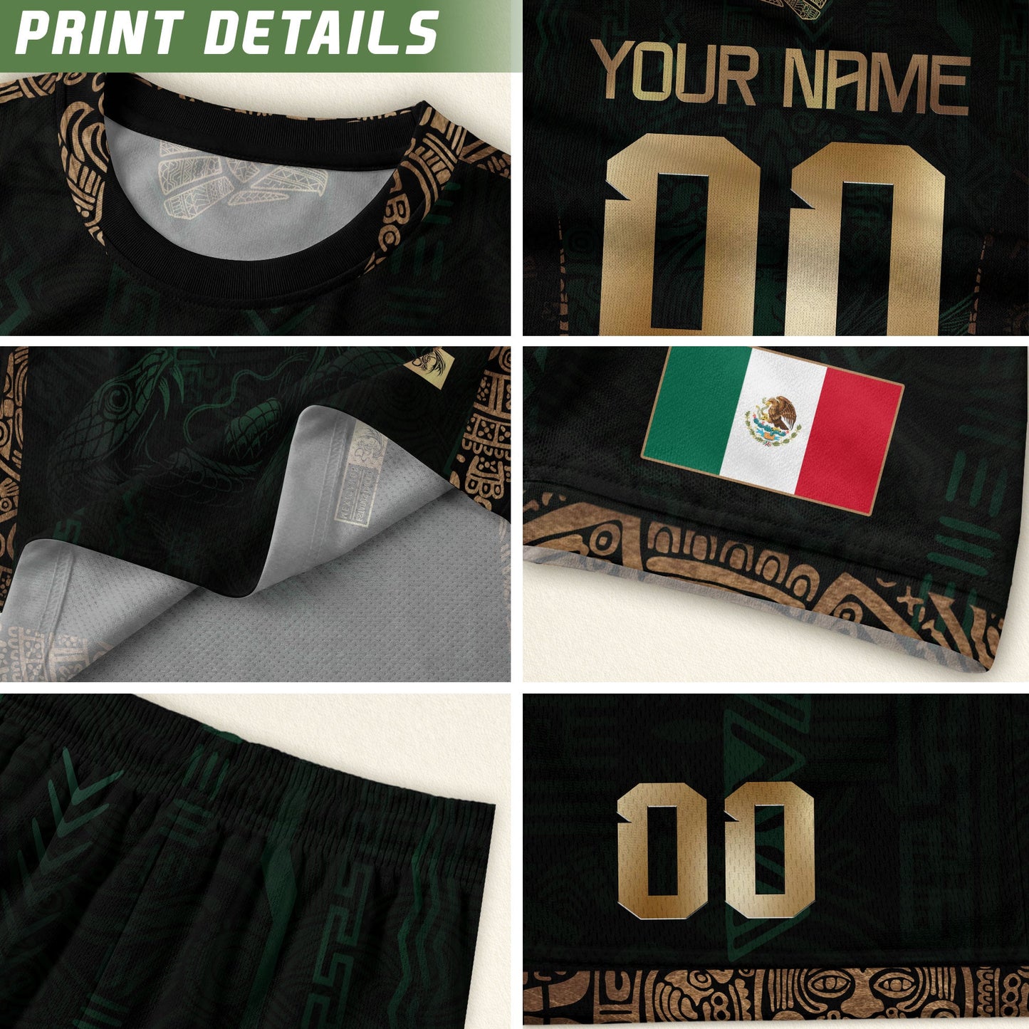 Custom Mexico Green Gold Soccer Jersey with Aztec Eagle Warrior Design