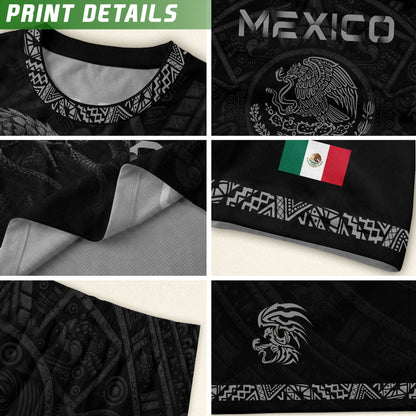 Mexico Coat of Arms Black Silver Eagle Snake Battle Aztec Calendar Heritage Soccer Jersey