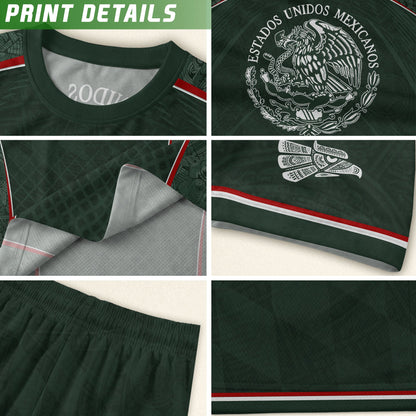 Mexico Soccer Green White Aztec Pattern Football Design - Mexico Fan Heritage Style Shirt