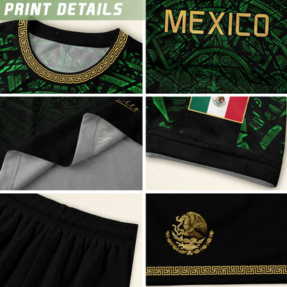 Mexico Soccer Jersey Green Black Aztec Sun Stone - Mexico Fan Heritage Style Shirt