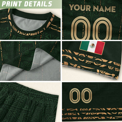 Mexico Soccer Jersey Custom Name - Green Aztec Heritage Pattern Tribal Football Shirt