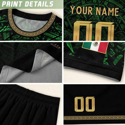 Custom Mexico Soccer Jersey – Green Aztec Calendar Pattern Black Football Shirt
