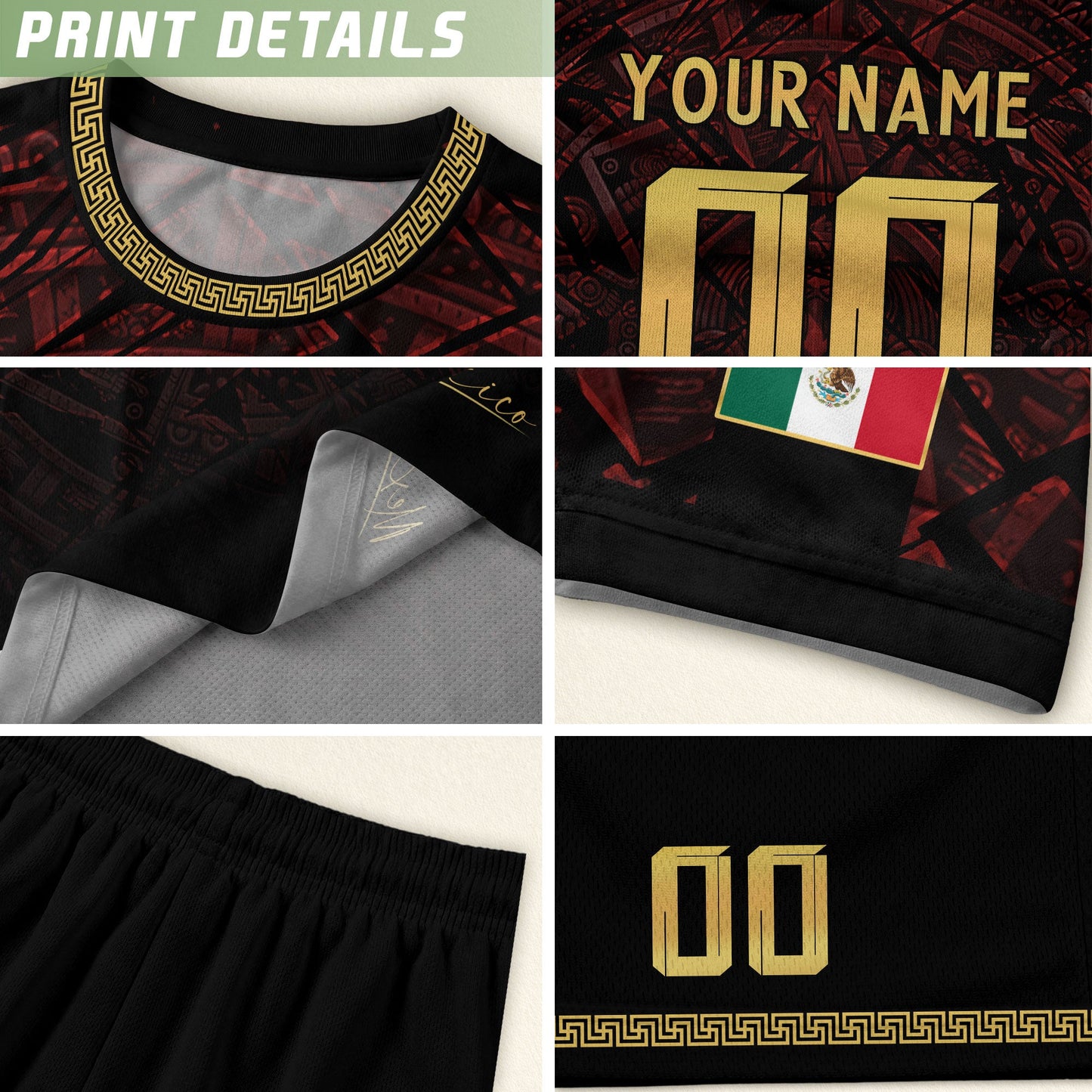 Custom Mexico Soccer Jersey – Maroon Black Aztec Heritage Pattern Personalized Football Shirt