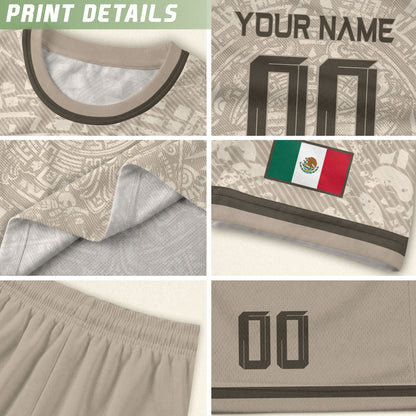 Custom Mexico Soccer Jersey Beige Aztec Calendar & Quetzalcoatl Heritage Fan Shirt