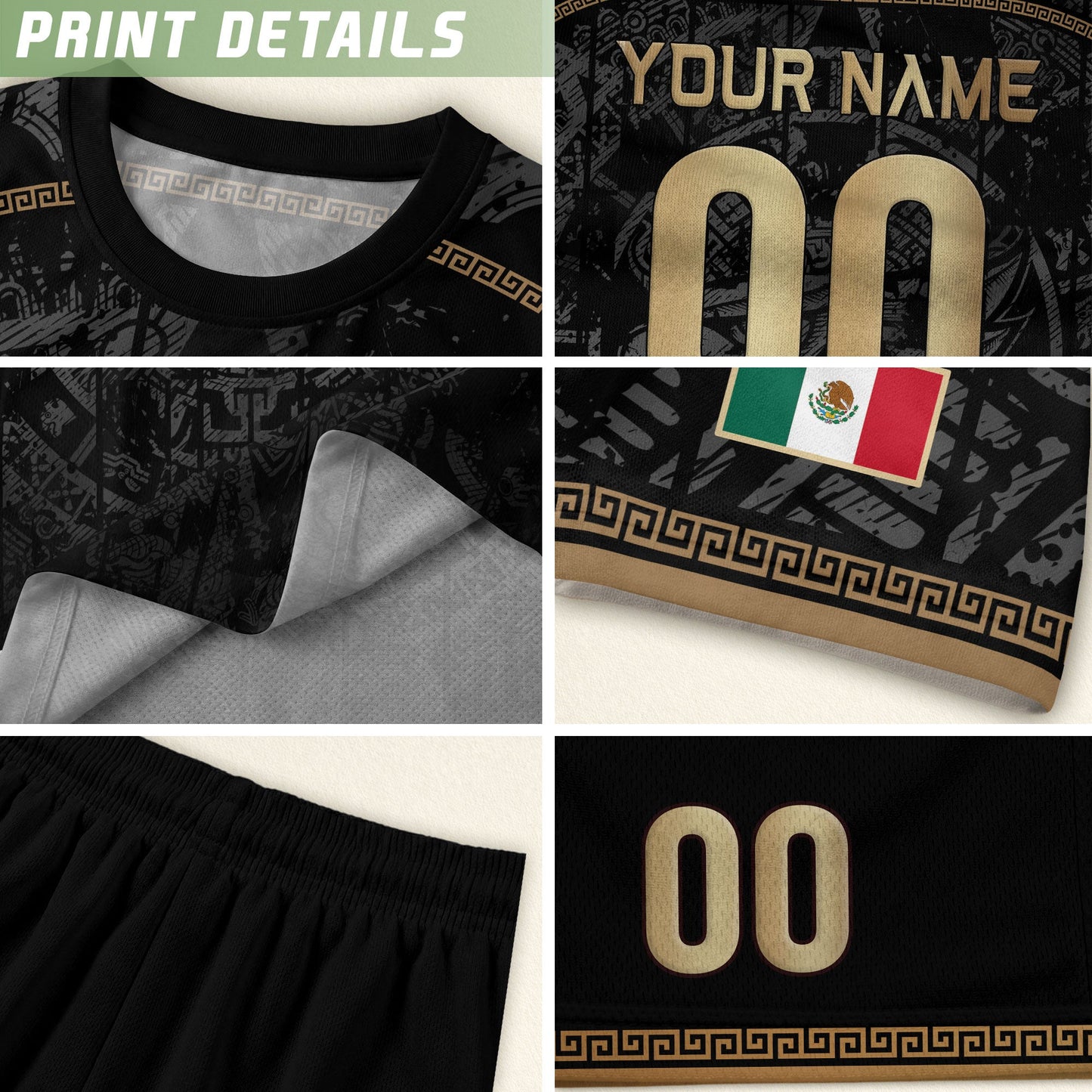Mexico Soccer Jersey Custom Name - Black Gold Aztec Calendar Heritage Football Shirt
