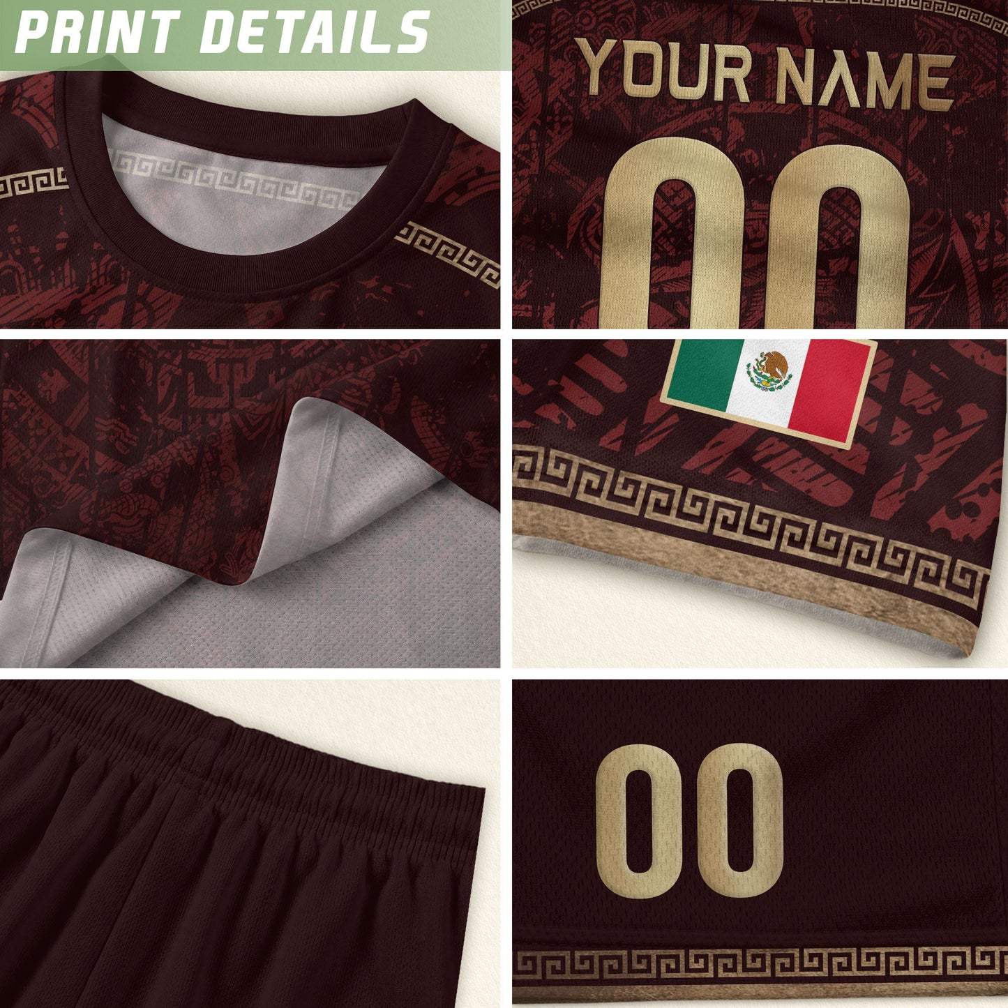 Personalized Mexico Soccer Jersey - Maroon Gold Aztec Calendar Heritage Football Shirt