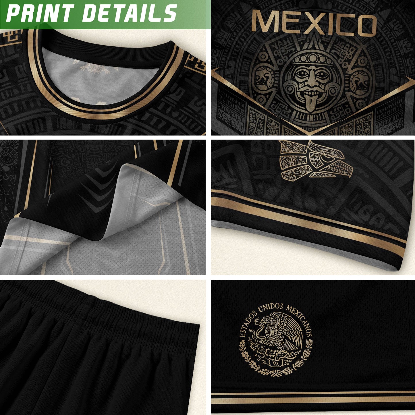 Mexico Soccer Jersey - Black & Gold Aztec Sun Stone Tribal Football Shirt