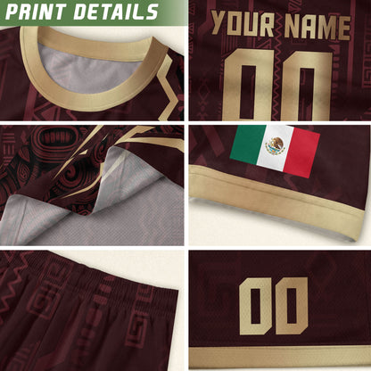 Custom Mexican Heritage Jersey Maroon Aztec Design Mexico Eagle Soccer Shirt Men Women