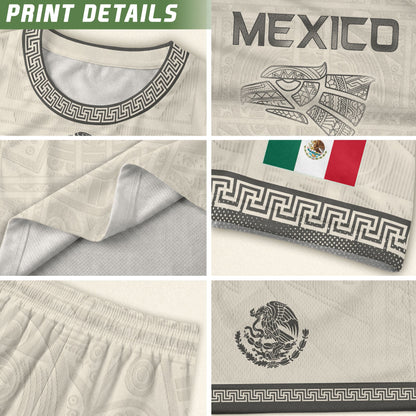 Beige Mexico Soccer Jersey Aztec Heritage Trim Mexican Football Shirt Men Women