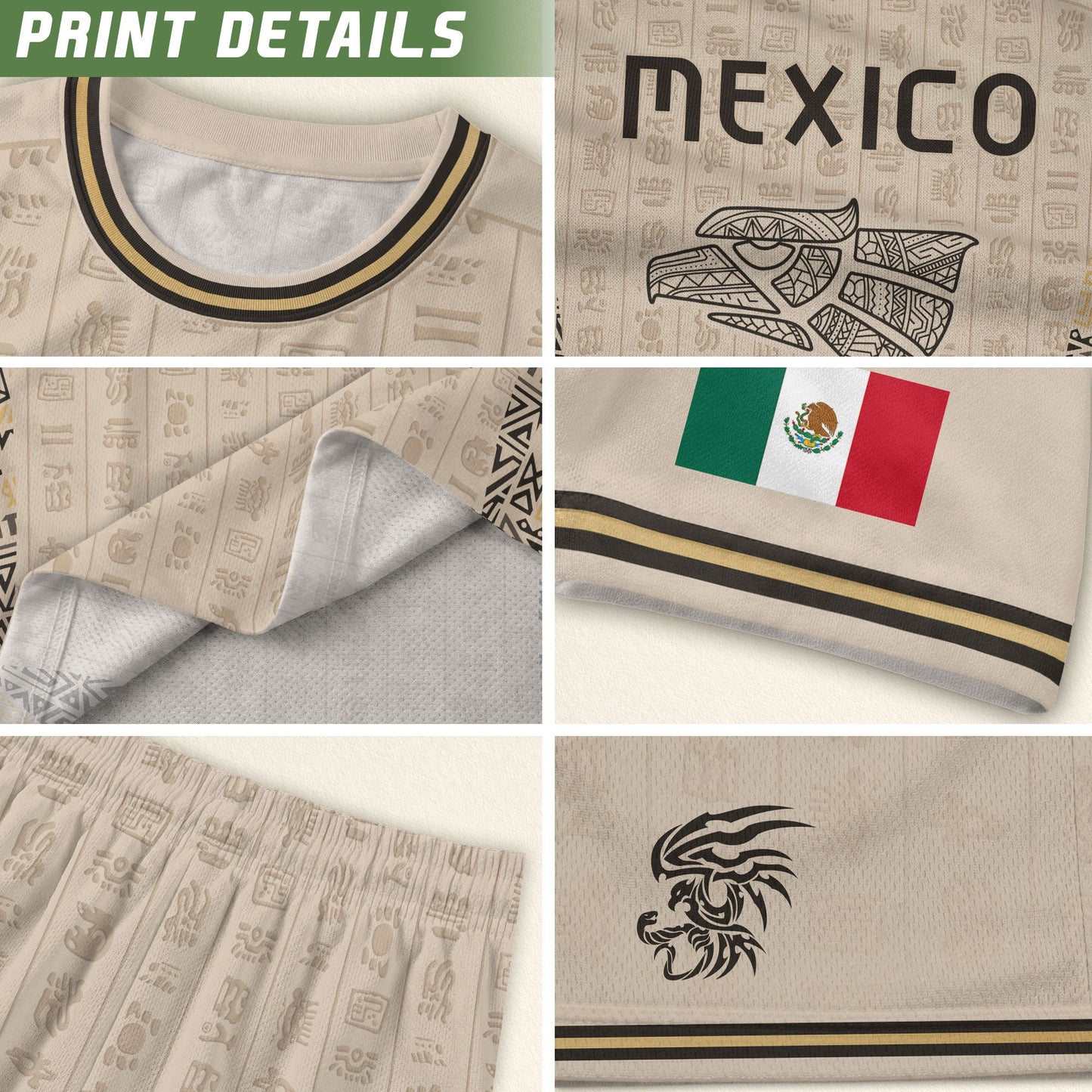 Beige Mexico Soccer Jersey Aztec Heritage Pattern Mexican Football Shirt Unisex