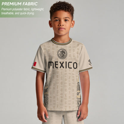 Mexico Kids Soccer Jersey Vintage Mayan Pattern Cream Toddler Sportswear Shirt