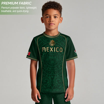 Mexico Kids Soccer Jersey Green Aztec Calendar Gold Youth Football Shirt Toddler Kit