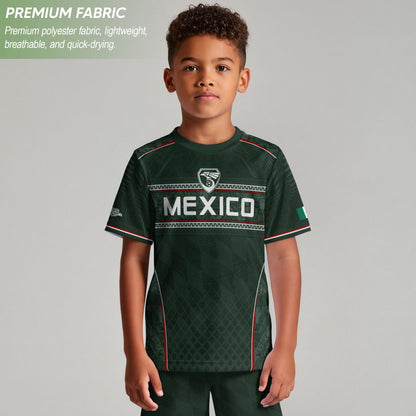 Youth Mexico Soccer Jersey Green National Coat of Arms Aztec Heritage Football Shirt Set