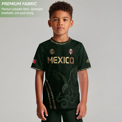 Mexico Soccer Jersey Kid Youth Aztec Eagle Dark Green Football Shirt Gift